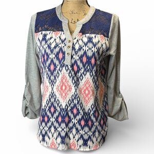 Jolt Blue and Pink Patterned Blouse EC. Size medium